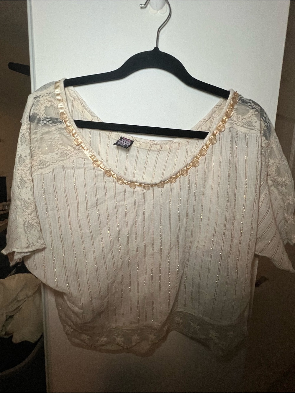 Free People Cream Lace-Trim Short Sleeve Off Shoulder Top with Metallic Thread